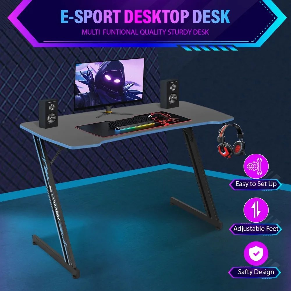 47 Inch Modern Z-Shaped Gaming Desk Computer Desk for Home Office with Headphone Hook - Sturdy Workstation Table
