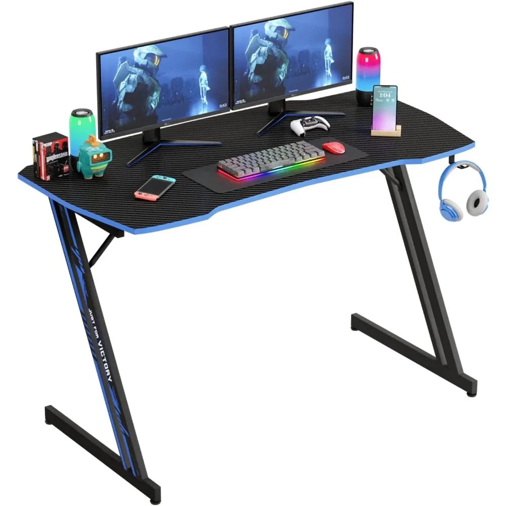 47 Inch Modern Z-Shaped Gaming Desk Computer Desk for Home Office with Headphone Hook - Sturdy Workstation Table