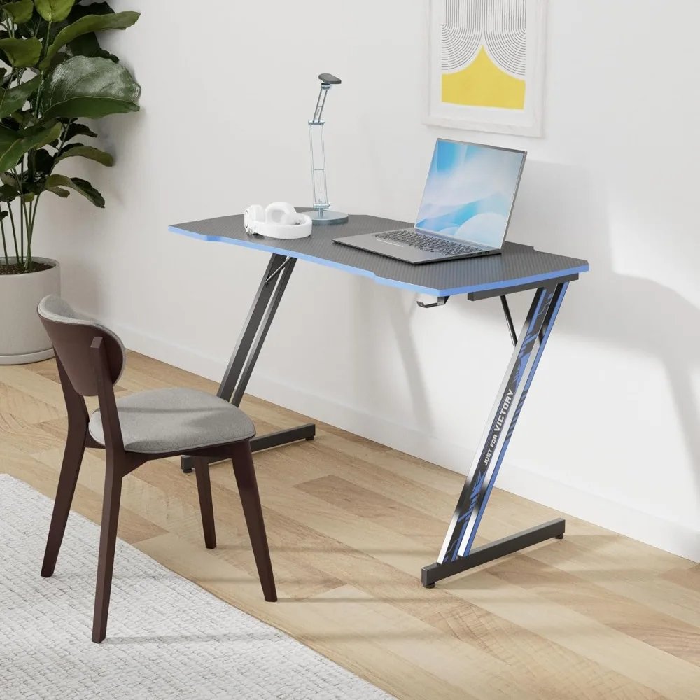 47 Inch Modern Z-Shaped Gaming Desk Computer Desk for Home Office with Headphone Hook - Sturdy Workstation Table