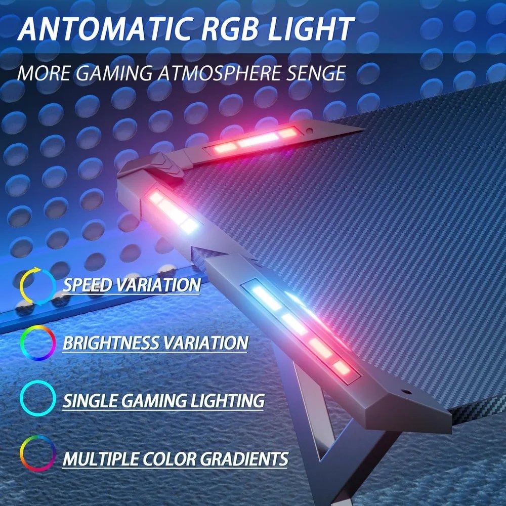 47 Inch Gaming Desk with LED Lights, Ergonomic Computer Gaming Table with Carbon Fibre Surface, Sturdy PC Workstation Desk for