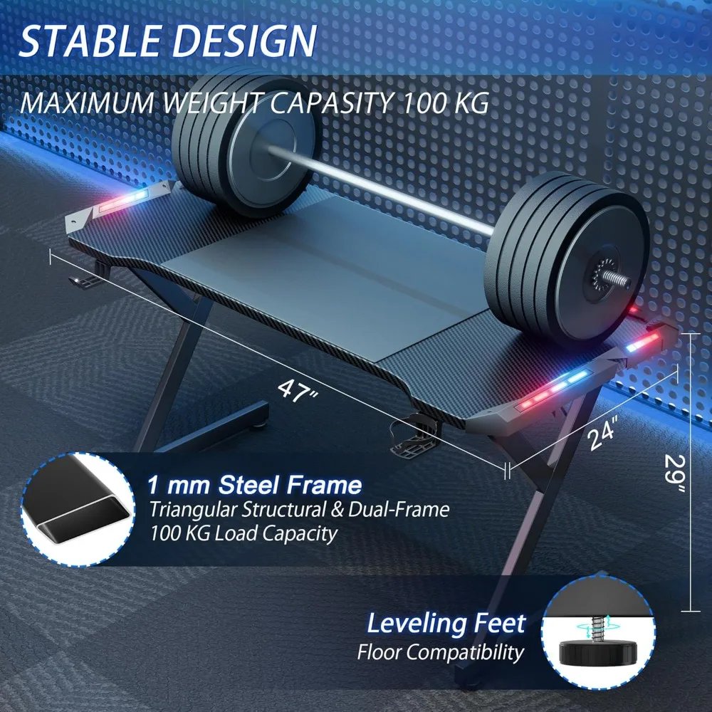 47 Inch Gaming Desk with LED Lights, Ergonomic Computer Gaming Table with Carbon Fibre Surface, Sturdy PC Workstation Desk for