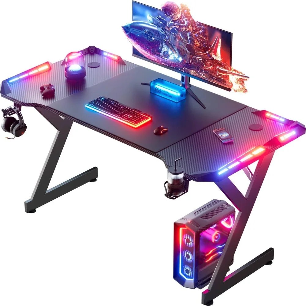 47 Inch Gaming Desk with LED Lights, Ergonomic Computer Gaming Table with Carbon Fibre Surface, Sturdy PC Workstation Desk for