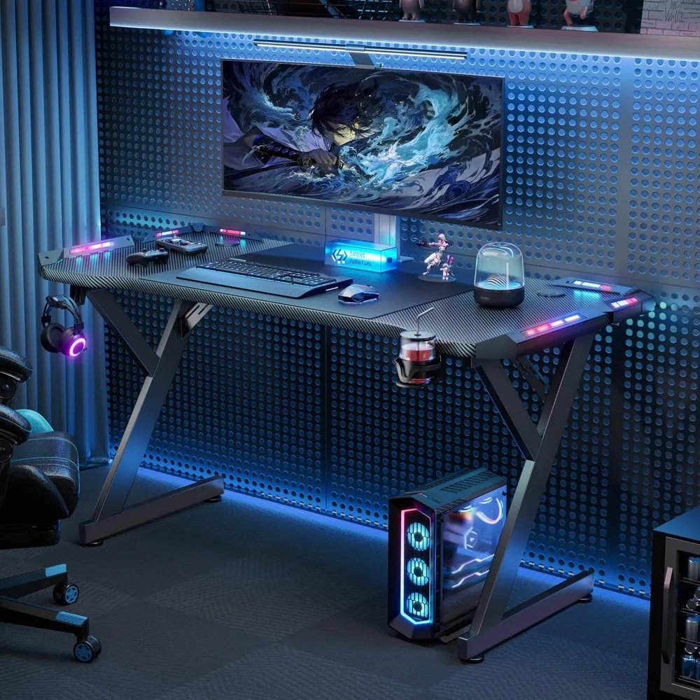 47 Inch Gaming Desk with LED Lights, Ergonomic Computer Gaming Table with Carbon Fibre Surface, Sturdy PC Workstation Desk for