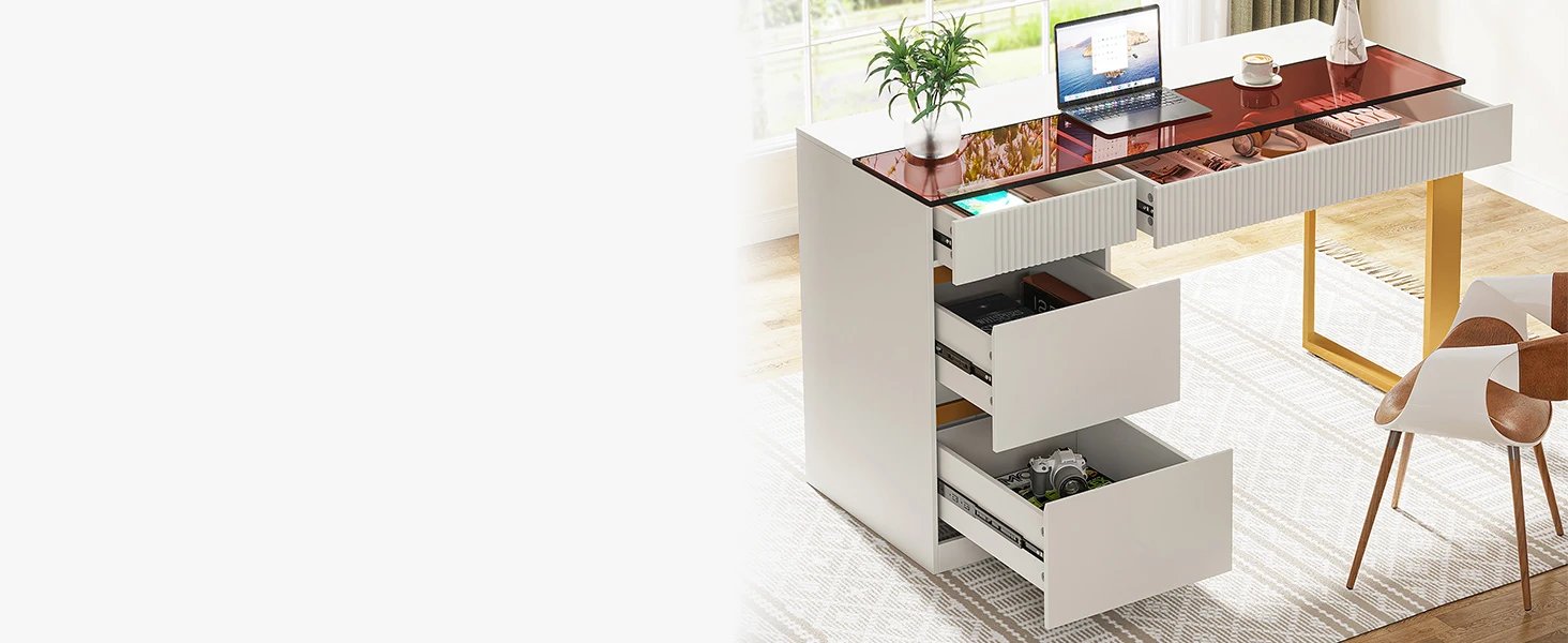 Tribesigns Computer Desk with 4 Drawers, 47 Inch Modern Home Office Desk with Glass Top, White and Gold Writing Workstation Desk