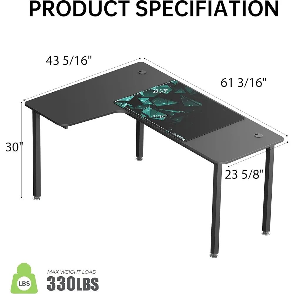 60 Inch Black Corner L Shaped Computer Desk, Home Office Gaming Study Work Writing Table Long Large Sturdy Workstation Simple M