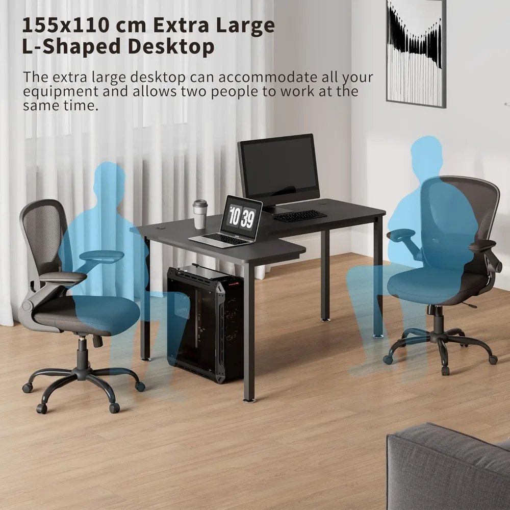 60 Inch Black Corner L Shaped Computer Desk, Home Office Gaming Study Work Writing Table Long Large Sturdy Workstation Simple M