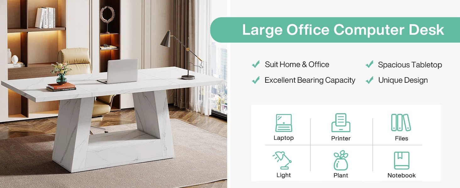 Modern Computer Desk, 63-Inch Large Office Desk , Simple Style Executive Desk, Faux Marble Writing Desk for Home Office