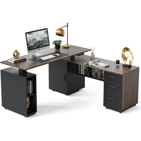 63" L Shaped Standing Desk with Storage, Executive Height Adjustable Table, Deep Wood Grainy
