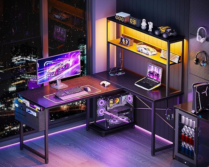 43 H L Shaped Desk With Led Lighting, Reversible Gaming Desk With Power Outlets, Cornor Computer Table With Storage Shelves &