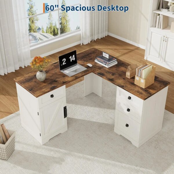60" Executive L Shaped Desk, Home Office Desk with File Drawers and Storage Cabinet, Corner Computer Desk with Adjustable