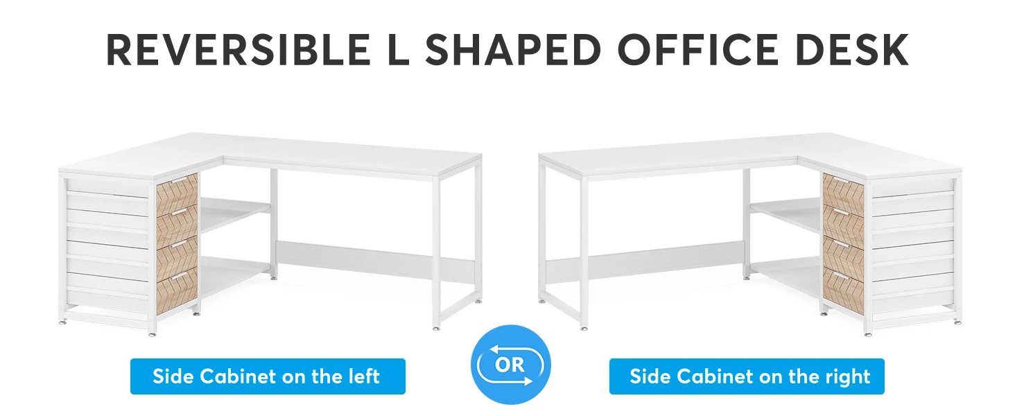 Tribesigns L Shaped Computer Desk with Storage Drawers, 59 inch Corner Desk with Shelves, Reversible L-Shaped Office Desk