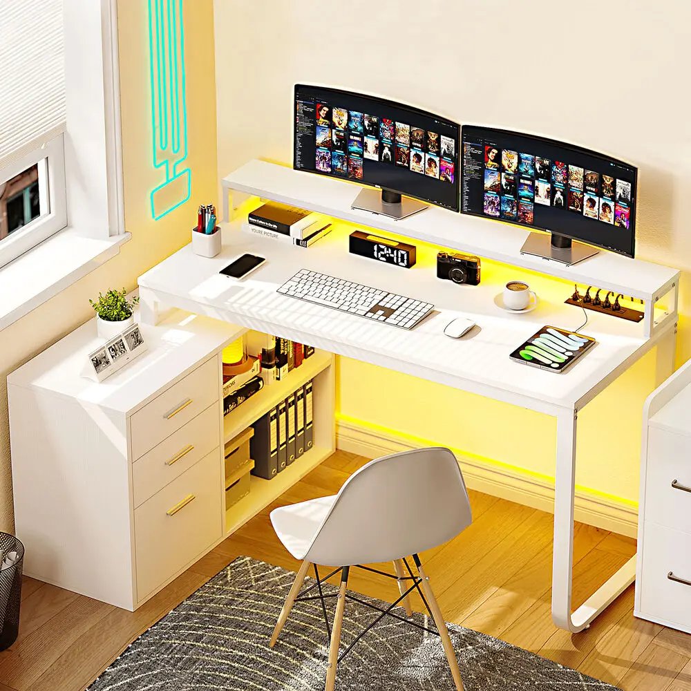 L-Shaped Gaming Computer Desk Home Office Desk File Drawers