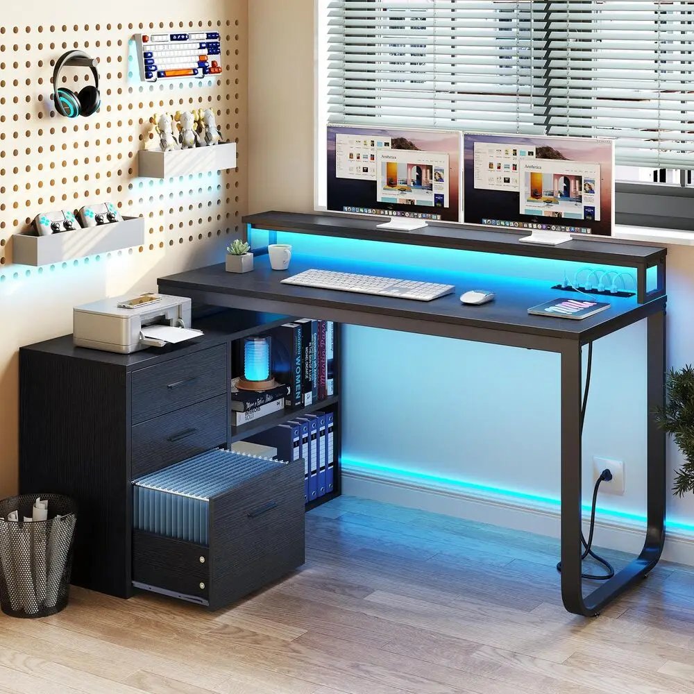 L-Shaped Gaming Computer Desk Home Office Desk File Drawers