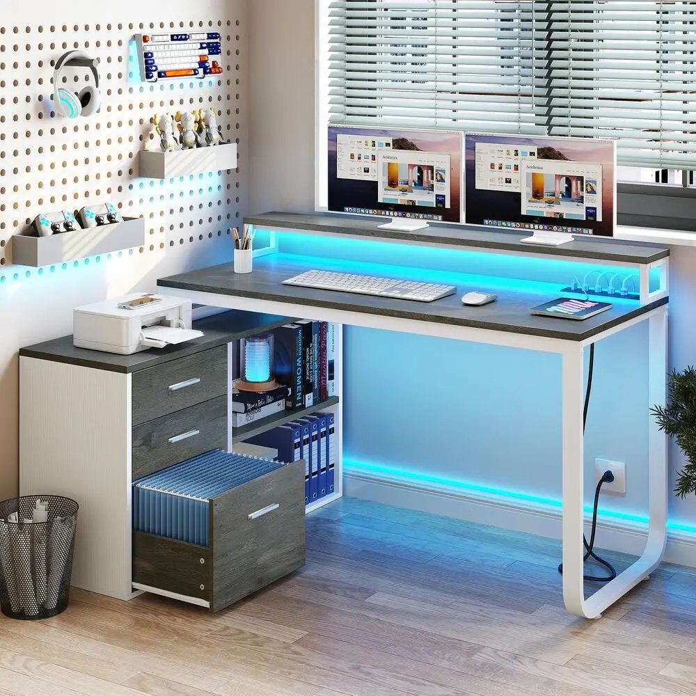 L-Shaped Gaming Computer Desk Home Office Desk File Drawers