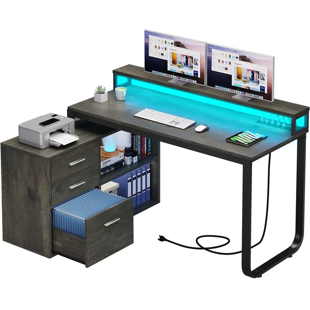 L-Shaped Gaming Computer Desk Home Office Desk File Drawers