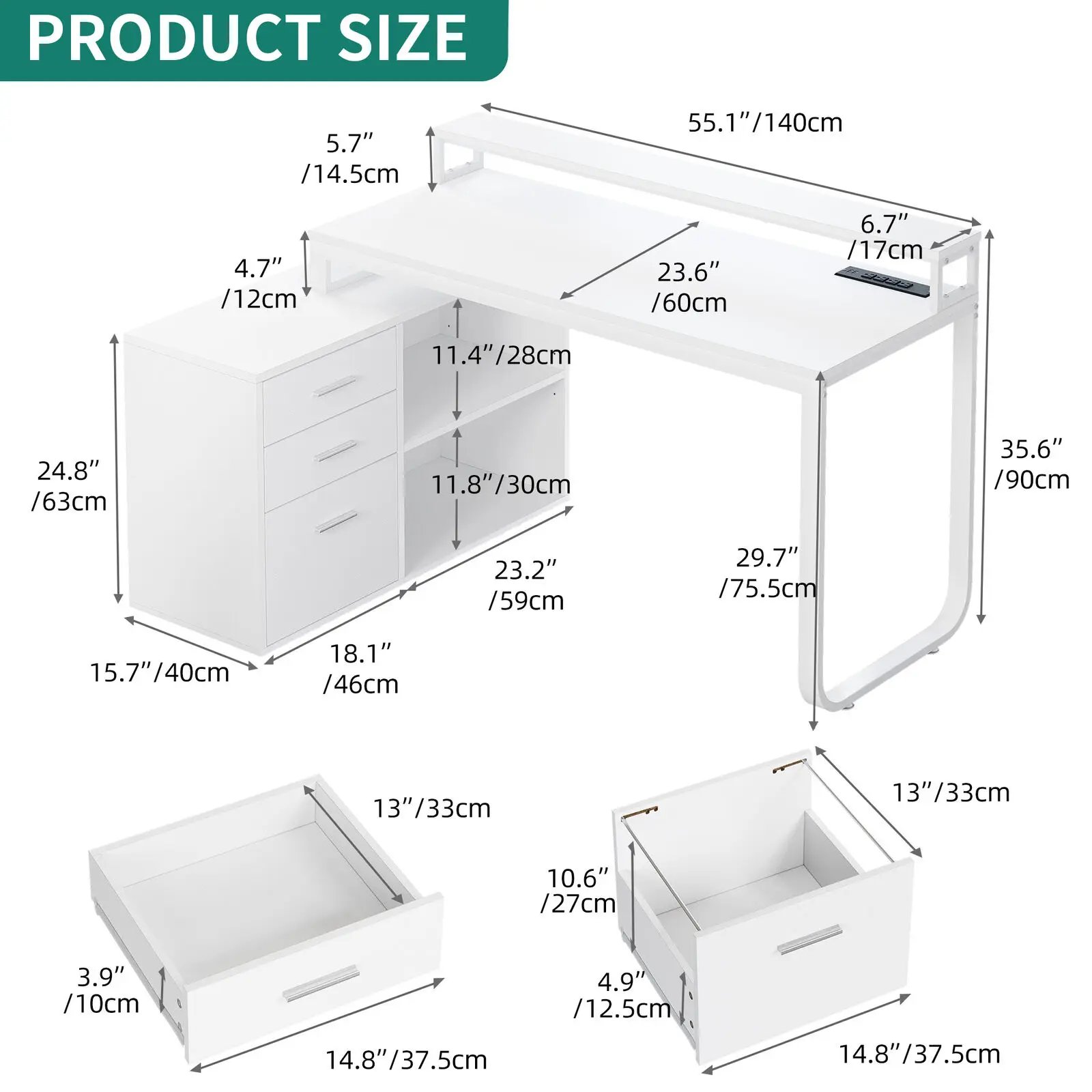 L-Shaped Gaming Computer Desk Home Office Desk File Drawers