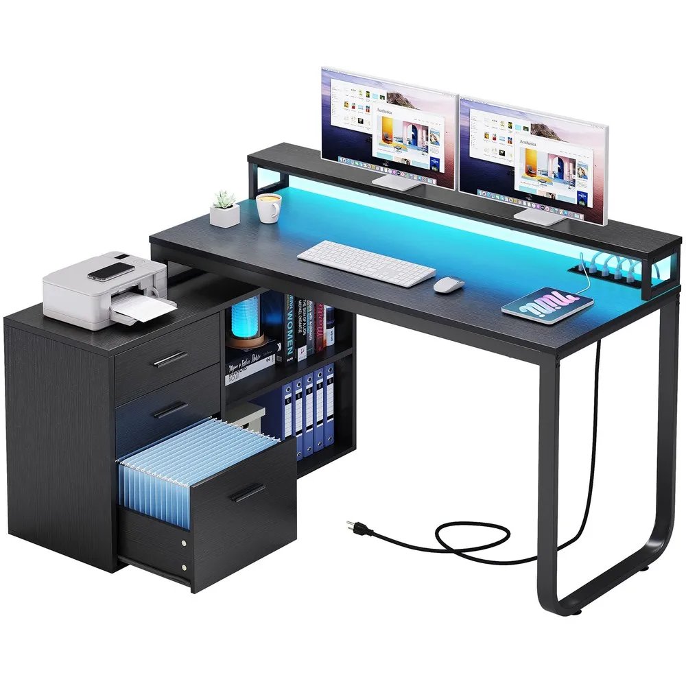 L-Shaped Gaming Computer Desk Home Office Desk File Drawers