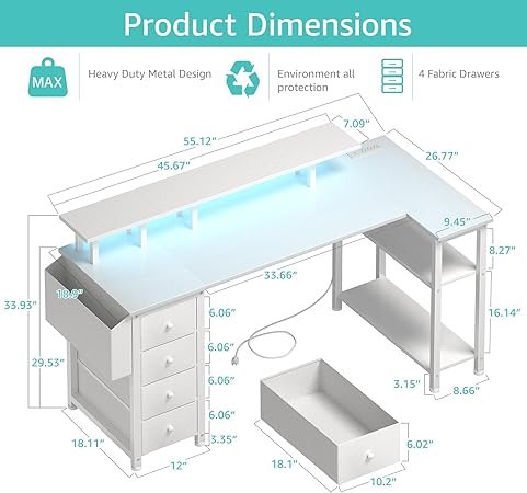 White L Shaped Computer Desk With Fabric Drawers, 55 H Corner Home Office Desk With Monitor Stand Shelves, Writing Study Gaming