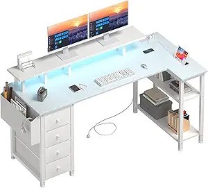 White L Shaped Computer Desk With Fabric Drawers, 55 H Corner Home Office Desk With Monitor Stand Shelves, Writing Study Gaming