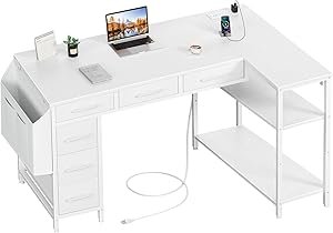 White L Shaped Desk With Drawers - 48 H Corner Computer Desk With Shelves Storage, Reversible L-Shaped Pc Desks With Power