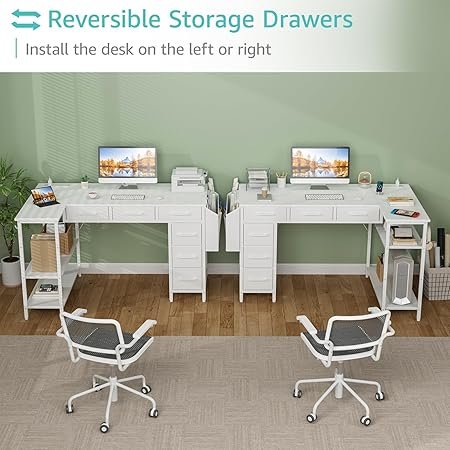White L Shaped Desk With Drawers - 48 H Corner Computer Desk With Shelves Storage, Reversible L-Shaped Pc Desks With Power