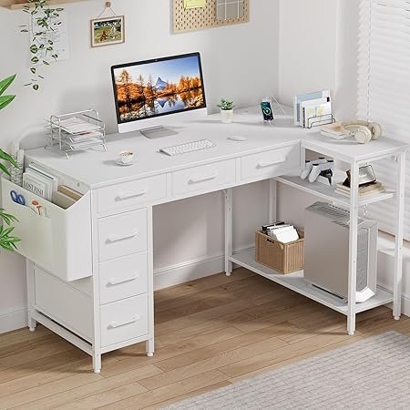 White L Shaped Desk With Drawers - 48 H Corner Computer Desk With Shelves Storage, Reversible L-Shaped Pc Desks With Power