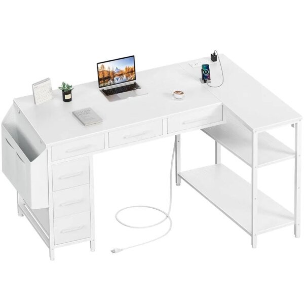 White L Shaped Desk With Drawers - 48 H Corner Computer Desk With Shelves Storage, Reversible L-Shaped Pc Desks With Power