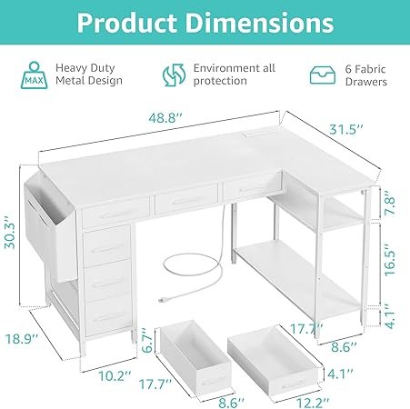 White L Shaped Desk With Drawers - 48 H Corner Computer Desk With Shelves Storage, Reversible L-Shaped Pc Desks With Power