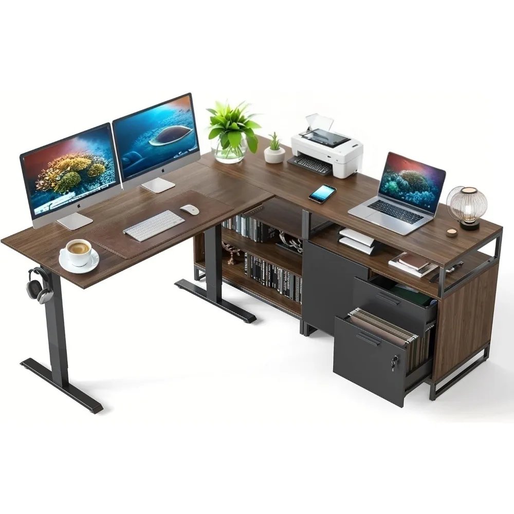 Electric Standing Desk with Drawers and Shelves, Executive Desk Adjustable Height Desk, L-Shaped Design, 66 inch Tabletop, Dark