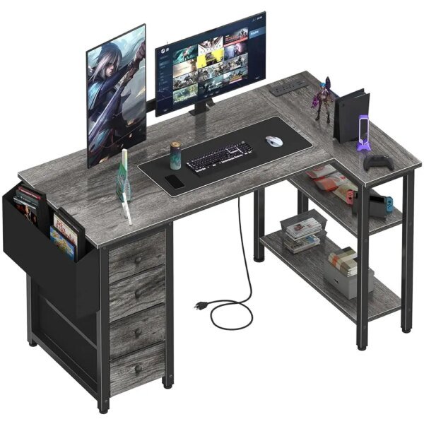 L Shaped Computer Desk With Drawers & Storage Shelves, 47 H Small Corner Desk With Power Outlet For Home Office Bedroom,
