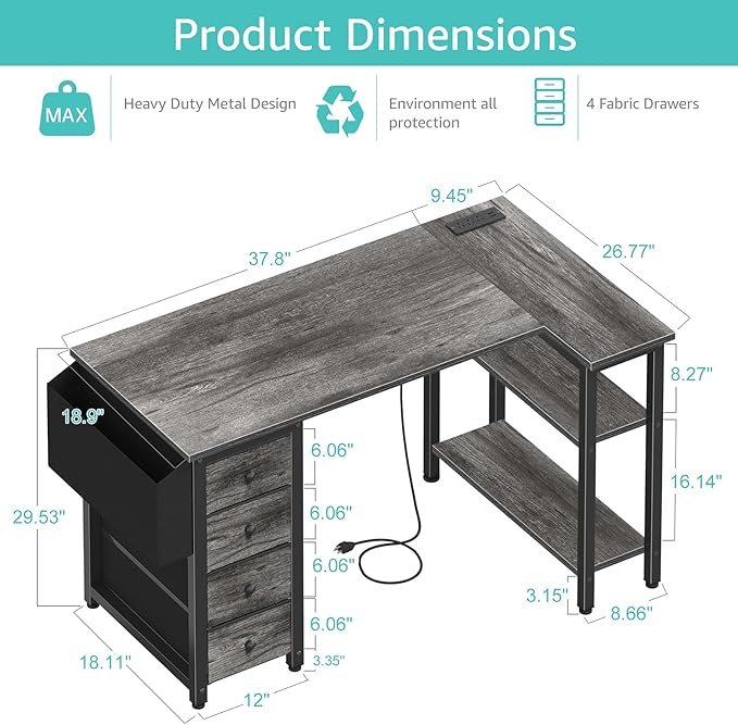 L Shaped Computer Desk With Drawers & Storage Shelves, 47 H Small Corner Desk With Power Outlet For Home Office Bedroom,