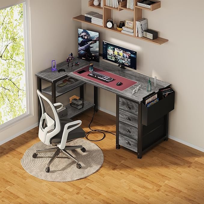 L Shaped Computer Desk With Drawers & Storage Shelves, 47 H Small Corner Desk With Power Outlet For Home Office Bedroom,