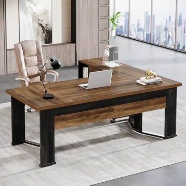 70.86" Executive Desk with Mobile File Cabinet, Large L Shaped Computer Office Desk with 2 Drawers and Storage Shelves, Busines