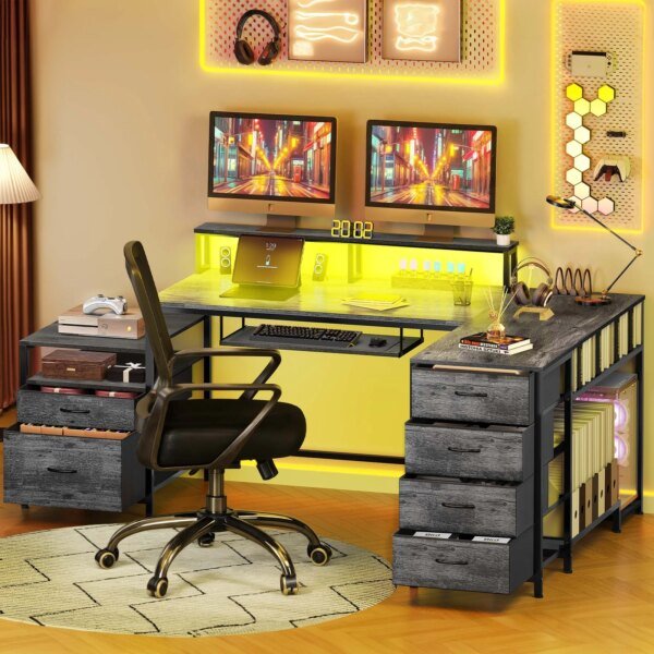71" Grey L Shaped Computer Desk w/Power Outlet & LED Lights w/Storage Shelves