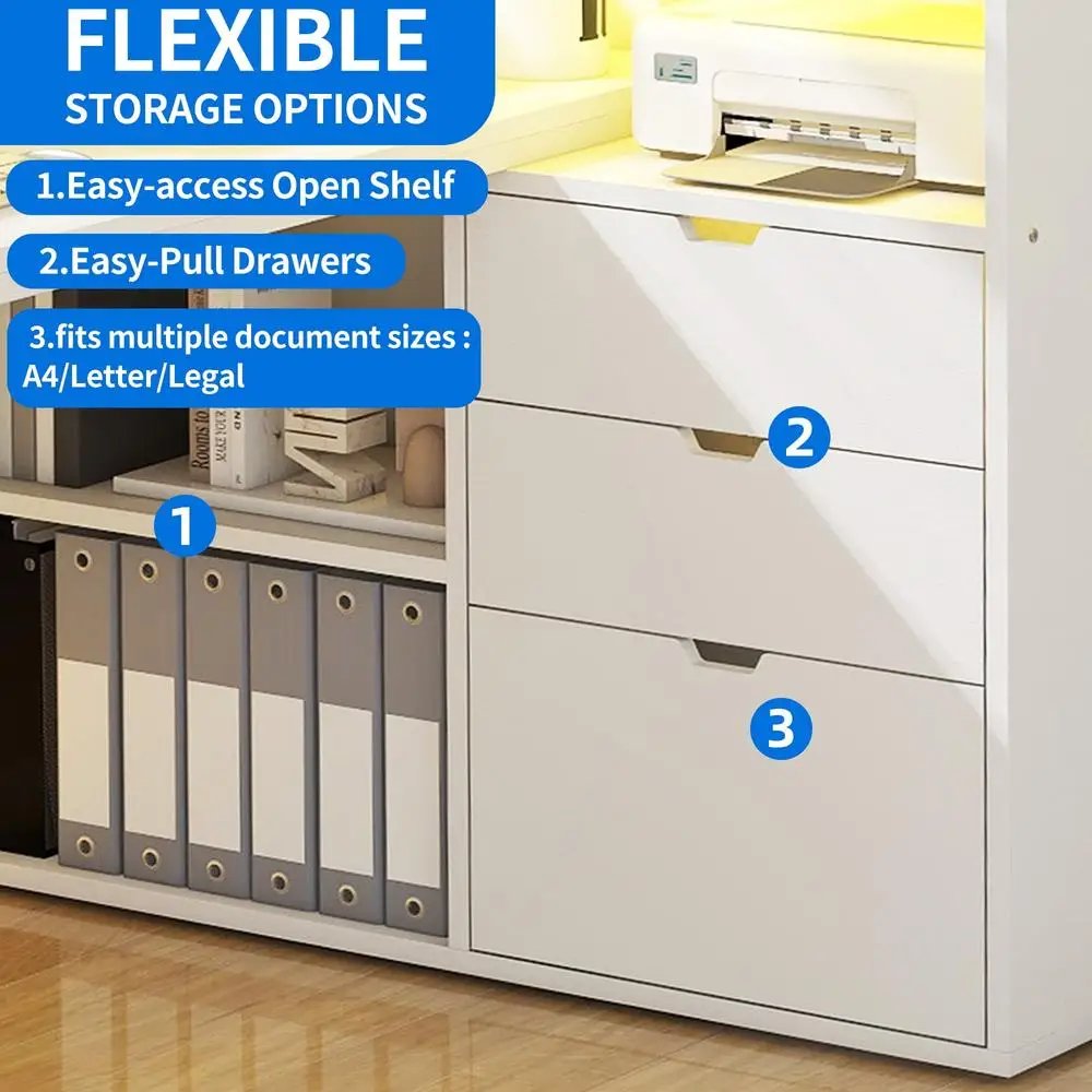 Modern L-Shape Computer Desk with Power Outlets LED Lights 3 Drawers 3 Storage Shelves White Office Corner Desk