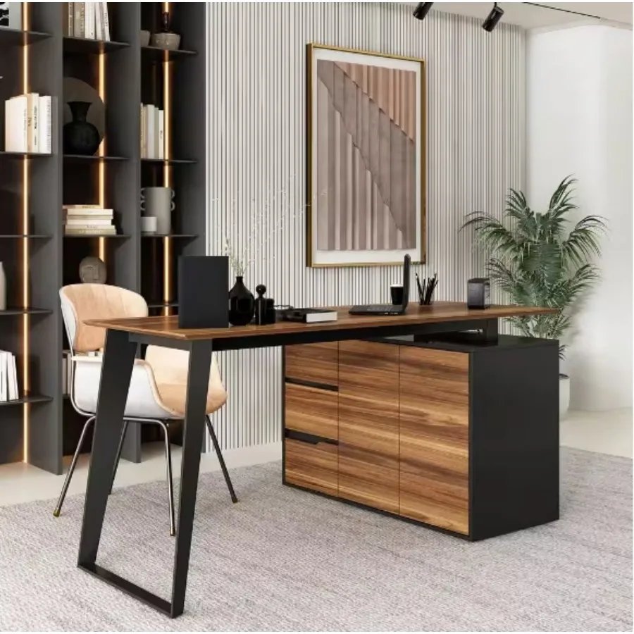 54.3 in. Reversible L-Shaped Brown Wood Computer And Gaming Desks Office Working Table With Adjustable Shelves, Drawers