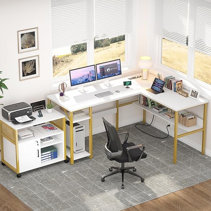 Reversible L Shaped Desk With Magic Power Outlets And Usb Charging Ports, Sturdy Corner Computer Desk With Storage Shelves,