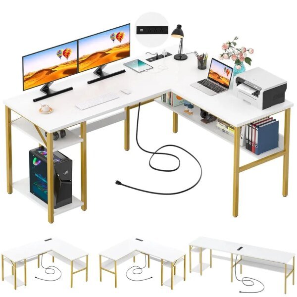 Reversible L Shaped Desk With Magic Power Outlets And Usb Charging Ports, Sturdy Corner Computer Desk With Storage Shelves,