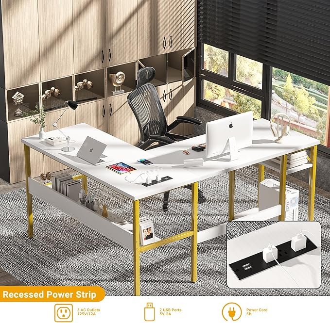 Reversible L Shaped Desk With Magic Power Outlets And Usb Charging Ports, Sturdy Corner Computer Desk With Storage Shelves,