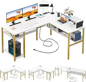 Reversible L Shaped Desk With Magic Power Outlets And Usb Charging Ports, Sturdy Corner Computer Desk With Storage Shelves,