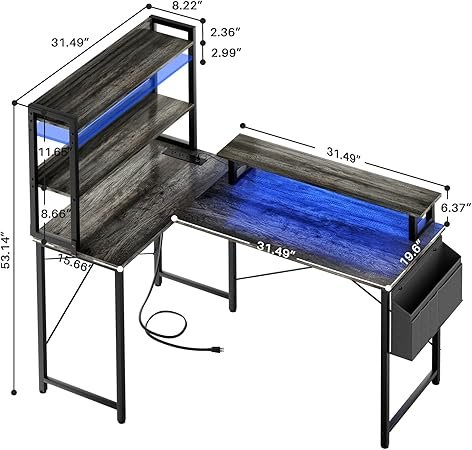 L Shaped Computer Desk With Bookshelf, 47 H Reversible Corner Gaming Desk With Charging Station & Led Light, Home Office Desk