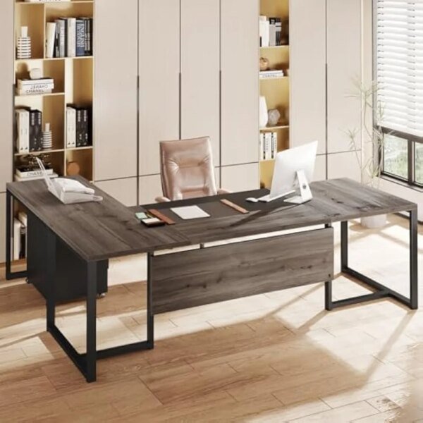 70.8" L-Shaped Executive Desk with Drawer Cabinet, Large Executive Office Desk with Separate File Cabinet, Home Office Desk Wor
