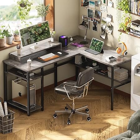Reversible L Shaped Desk With Power Outlets And Rgb Led Light, Sturdy Computer Desk With Ergonomic Monitor Stand And Storage