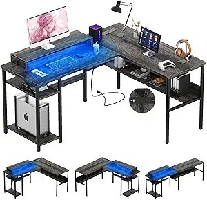 Reversible L Shaped Desk With Power Outlets And Rgb Led Light, Sturdy Computer Desk With Ergonomic Monitor Stand And Storage