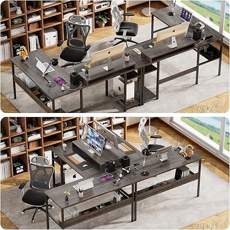 Reversible L Shaped Desk With Power Outlets And Rgb Led Light, Sturdy Computer Desk With Ergonomic Monitor Stand And Storage