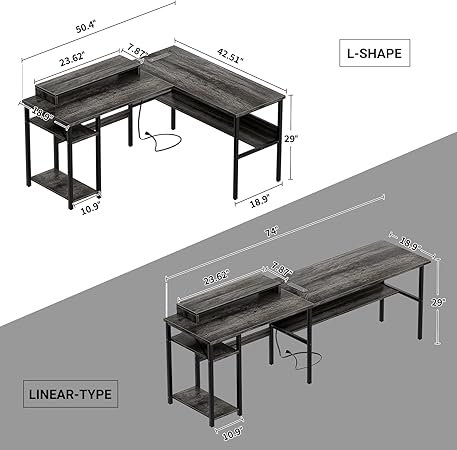 Reversible L Shaped Desk With Power Outlets And Rgb Led Light, Sturdy Computer Desk With Ergonomic Monitor Stand And Storage