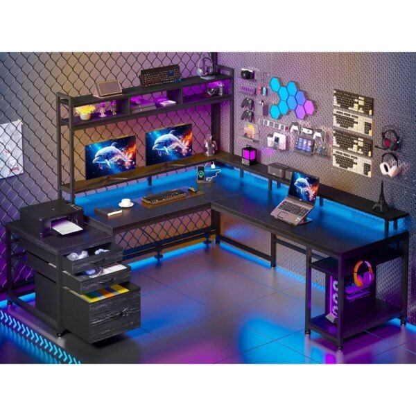 Large L Shaped Gaming Desk with Hutch and Drawers,with Storage Shelves, Monitor Stand and LED Light, 64" W L Shaped Desk