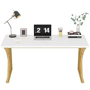 55’’ Large Modern Computer Desk, White & Gold Luxury Laptop PC Student Table, Sturdy Writing Workstation for Home & Office