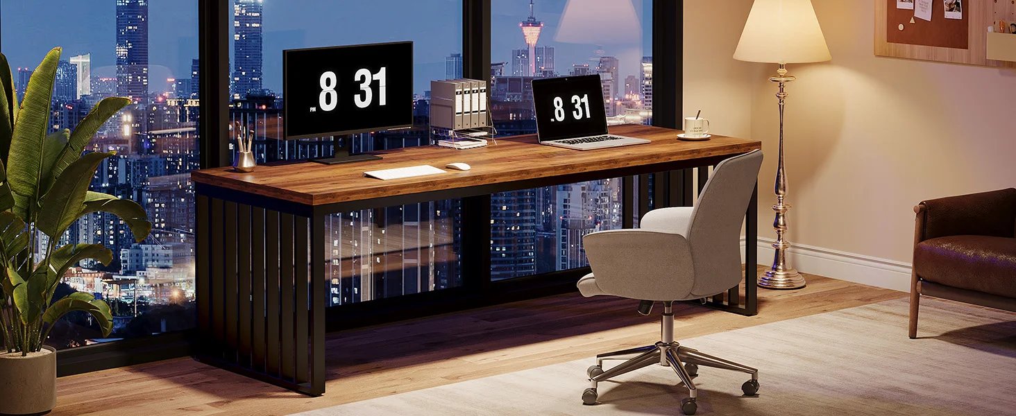 Tribesigns 78''Modern Large Office Desk, 2-Person Computer Workstation, Industrial Wooden Desk with Metal Legs