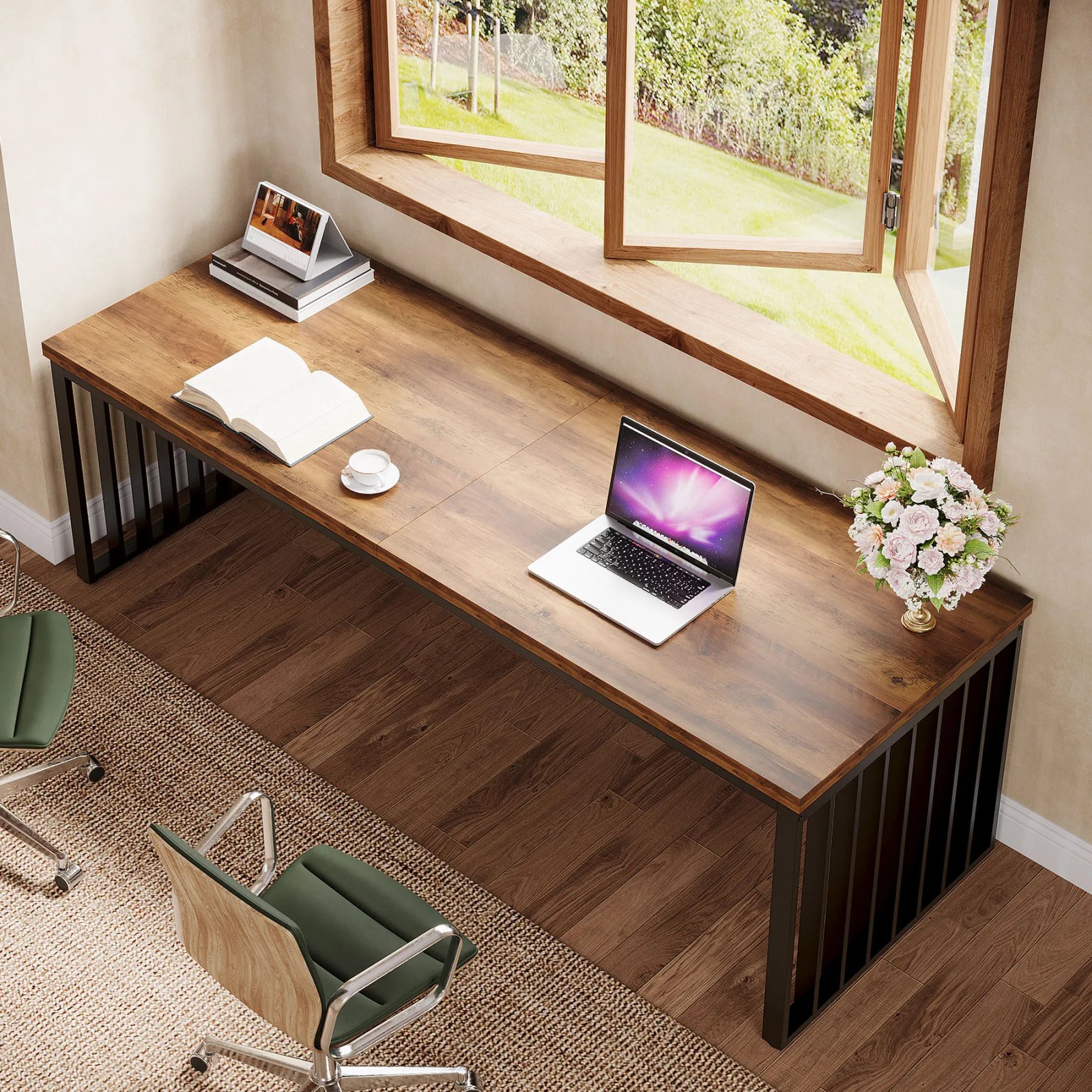 Tribesigns 78''Modern Large Office Desk, 2-Person Computer Workstation, Industrial Wooden Desk with Metal Legs